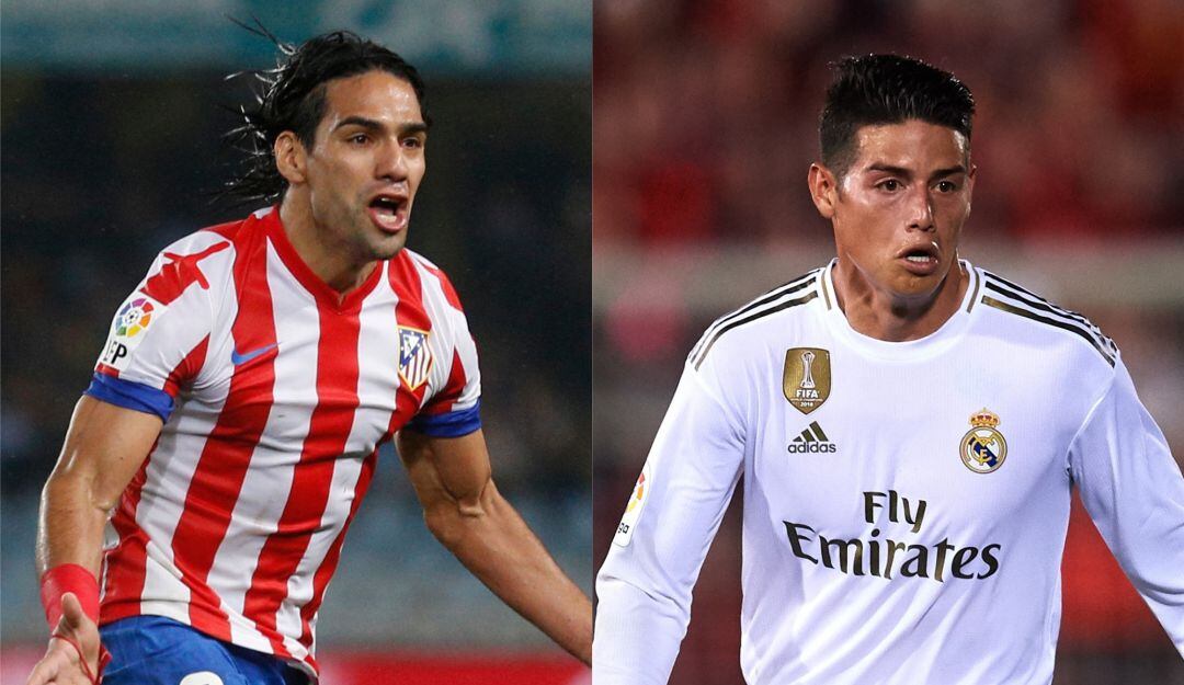 Falcao y James Rodríguez luciendo las camisetas de Atlético de Madrid y Real Madrid resspectivamente