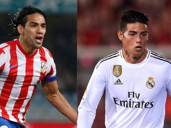 Falcao y James Rodríguez luciendo las camisetas de Atlético de Madrid y Real Madrid resspectivamente