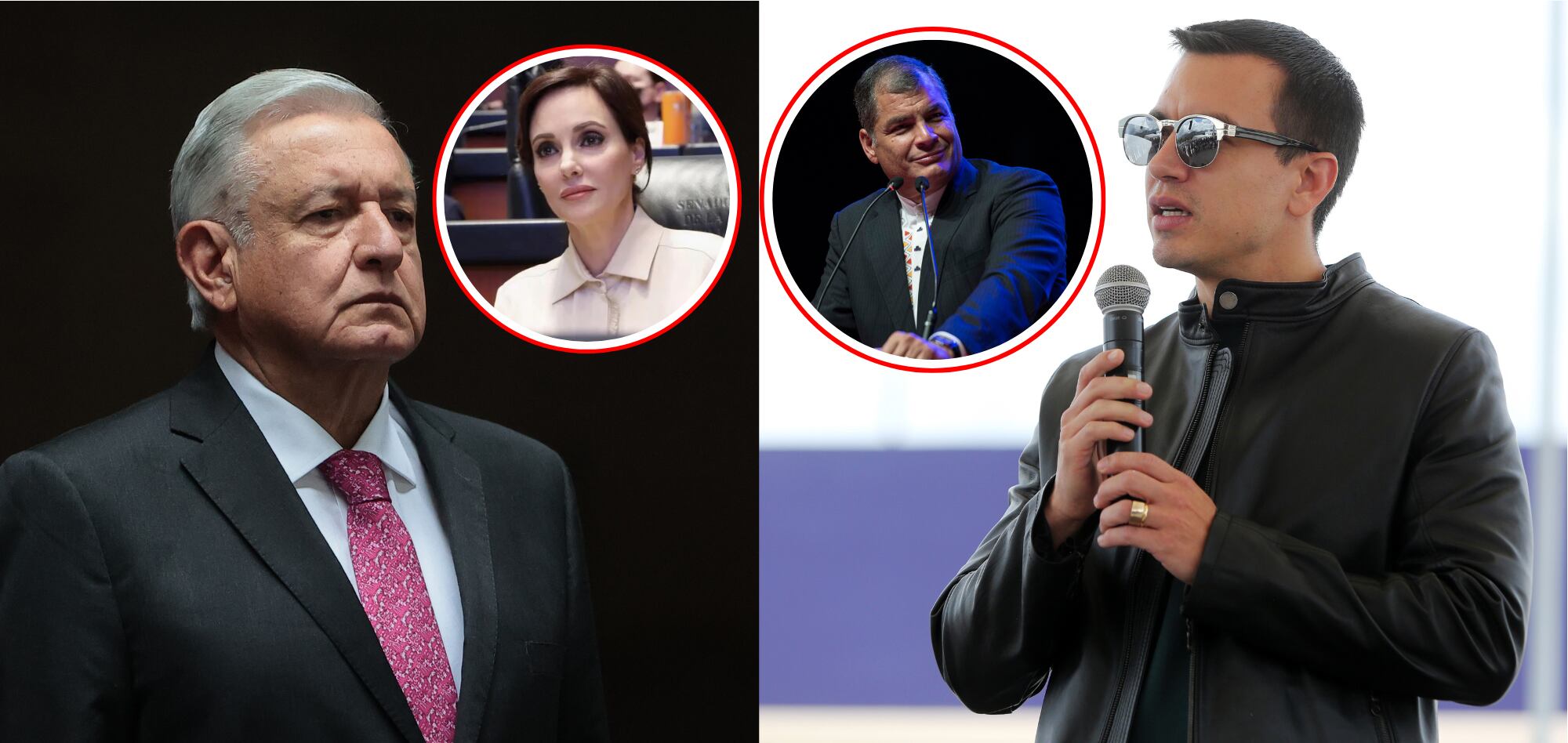 De izquierda a derecha, el presidente mexicano Andrés Manuel López Obrador, la senadora mexicana Lilly Téllez, el expresidente ecuatoriano Rafael Correa y el presidente ecuatoriano Daniel Noboa.

(Foto: Getty / Caracol Radio)