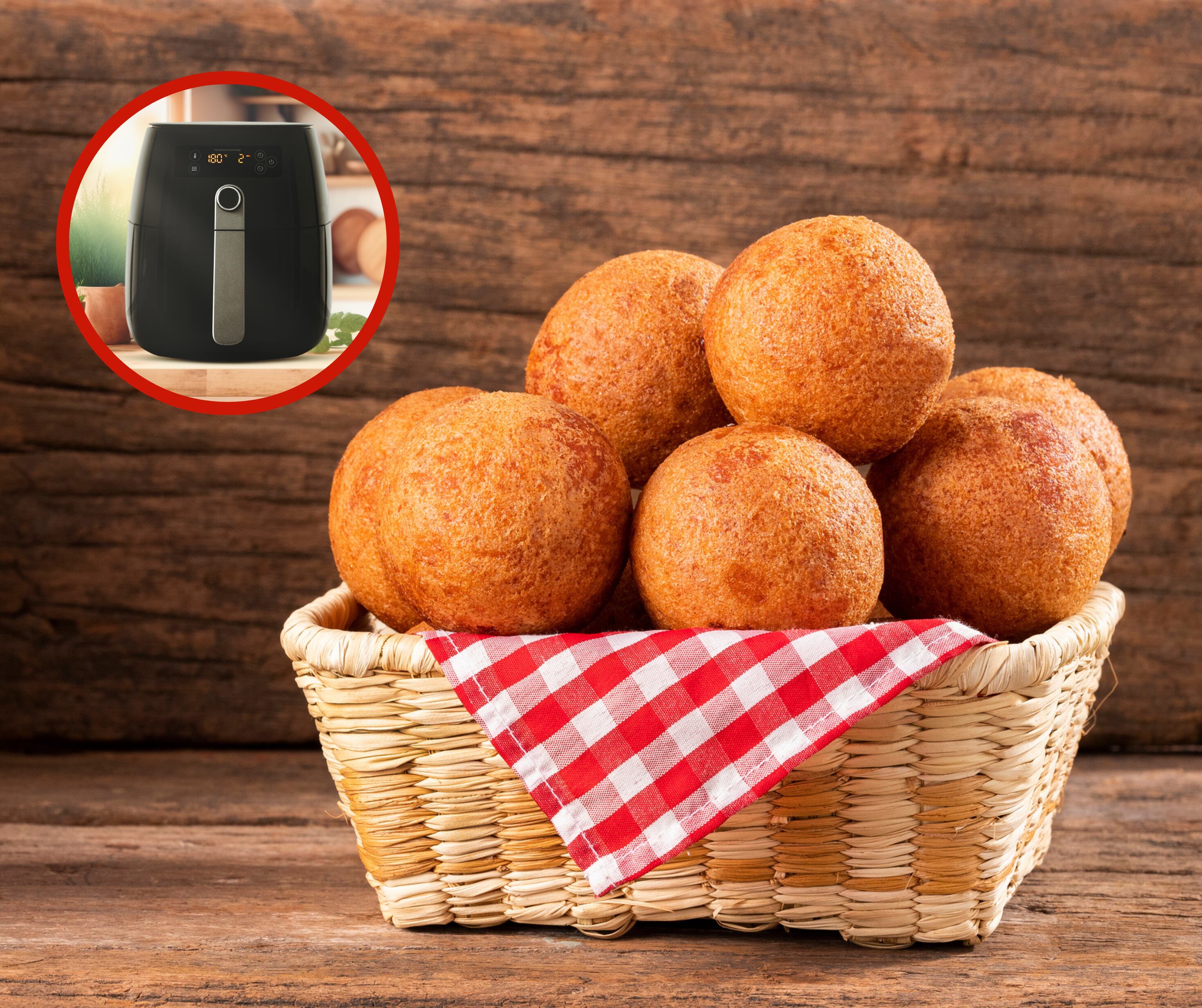 Buñuelos en una canasta junto a una freidora de aire (Getty Images)