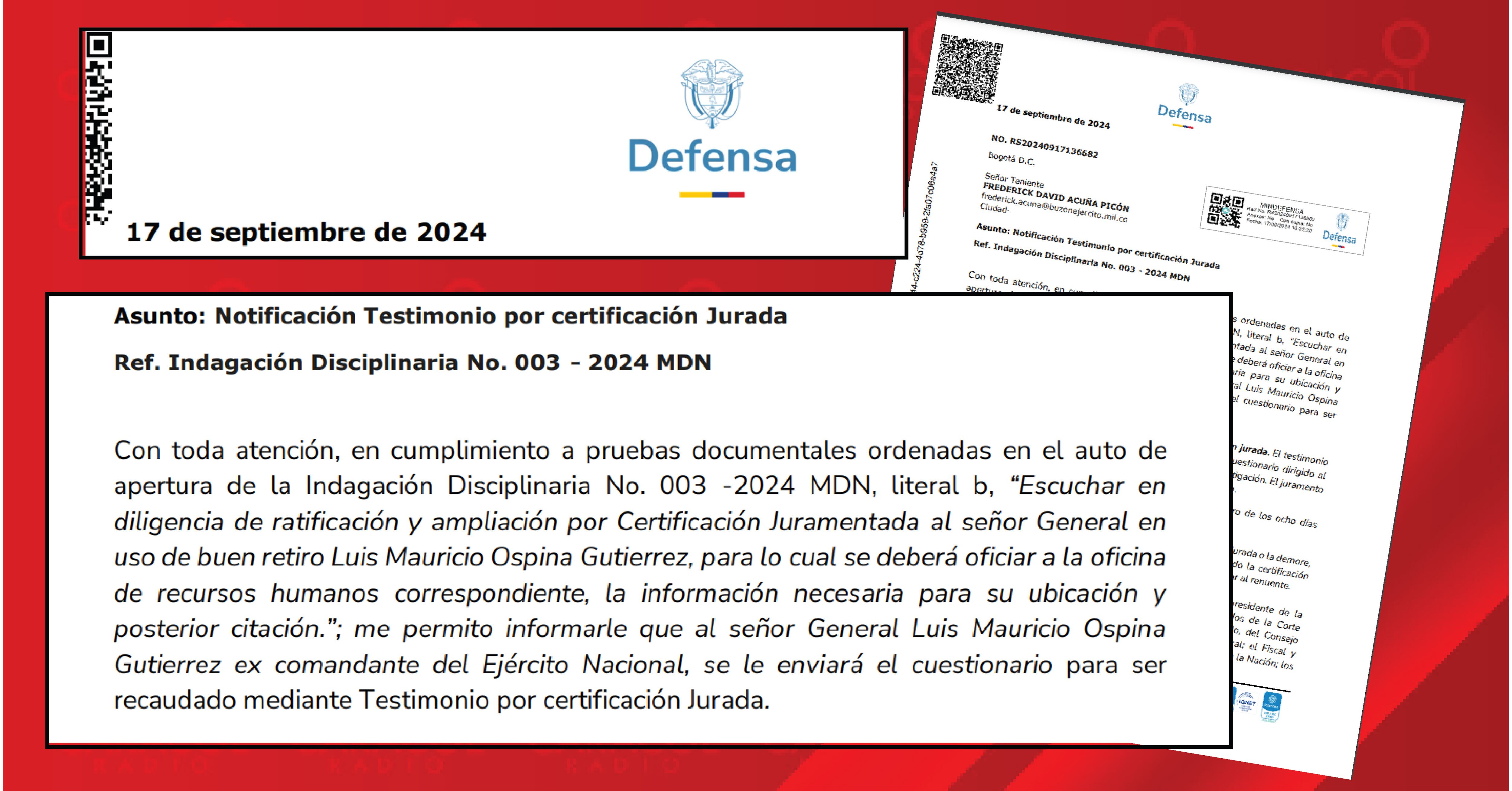 La solicitud de certificación jurada que solciitaron al general Ospina por caso del presunto "complot"