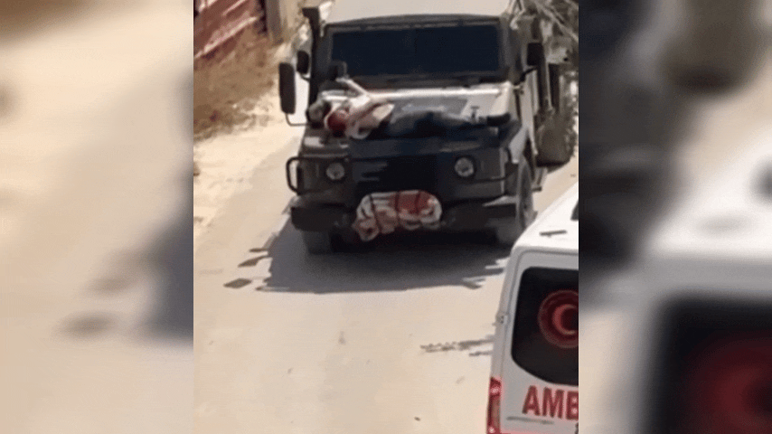 Imágenes de un jeep conducido por soldados israelíes quienes amarraron a un palestino en el capó del vehículo. 
(Foto: cortesía / Caracol Radio)