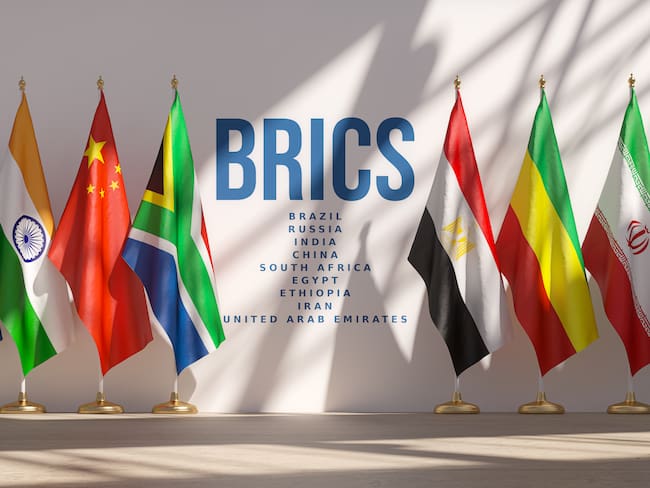 BRICS summit or meeting concept. Row from flags of all members of BRICS list of countries. 3d illustration