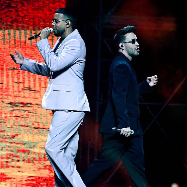 ORLANDO, FLORIDA - APRIL 29: Romeo Santos (L) and Prince Royce perform at Kia Center on April 29, 2026 in Orlando, Florida. (Photo by Gerardo Mora/Getty Images)