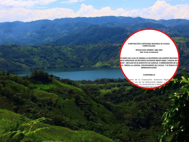 Laguna de San Diego, en Samaná (Caldas) y resolución de Corpocaldas que ordena la reapertura (Prensa corporación autónoma).