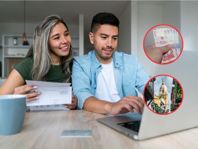 Personas pagando sus obligaciones tributarias por internet y al lado dinero colombiano y una fotografía en la ciudad de Cartagena (Fotos vía Getty Images)