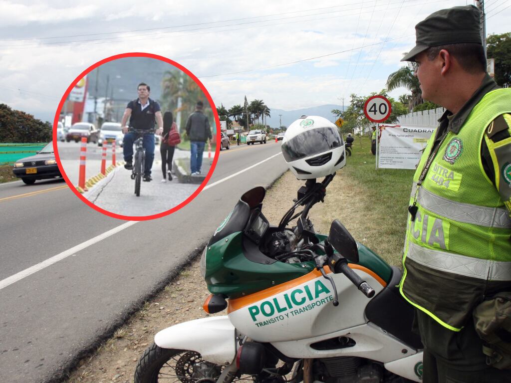 Policía de tránsito en una carretera y de fondo un usuario de bicicleta (Fotos vía Getty Images y COLPRENSA)