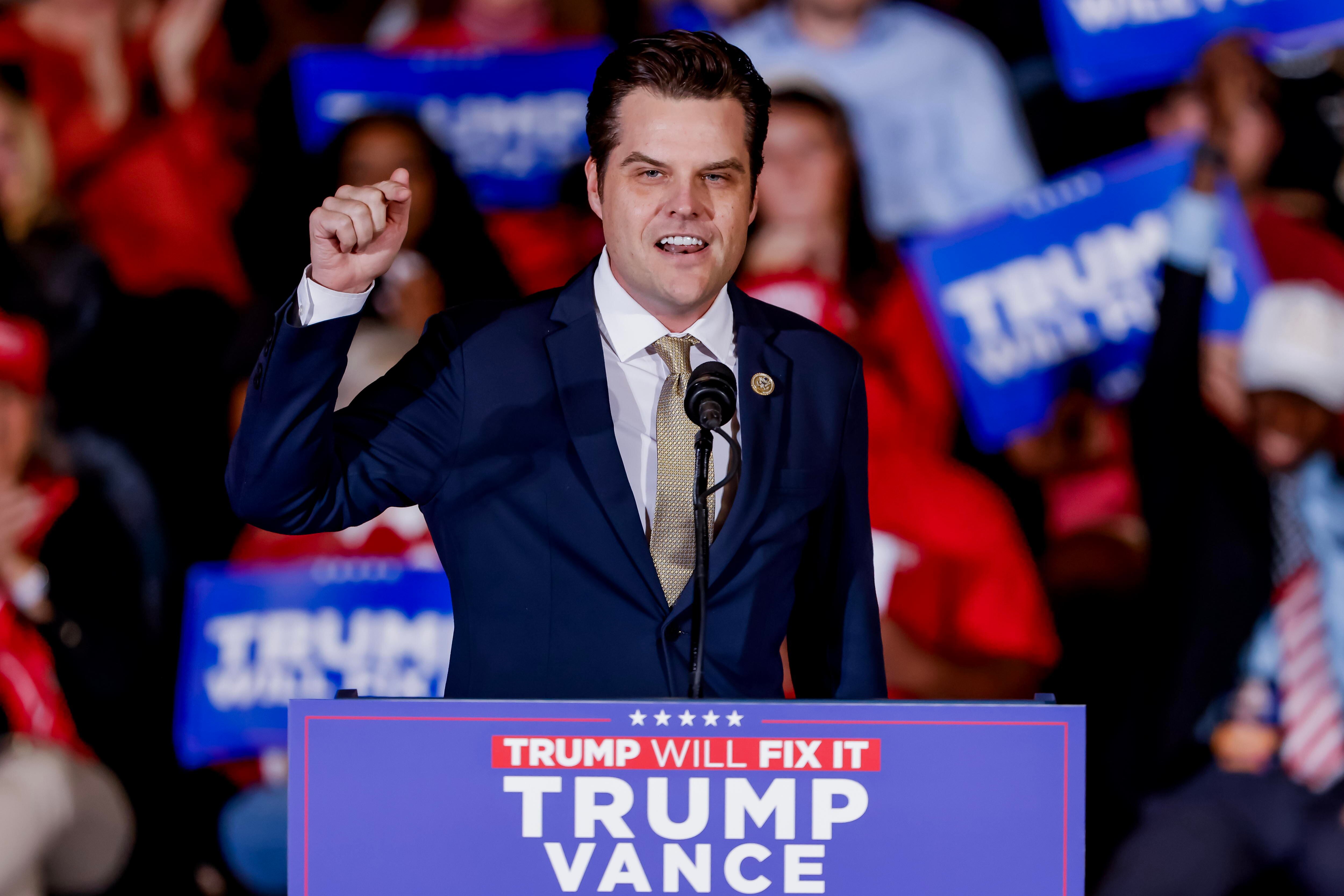 Atlanta (United States), 04/11/2024.- Republican US Representative from Florida Matt Gaetz speaks before Republican vice presidential nominee and Ohio Senator JD Vance participates in an Election Day eve campaign rally in the Cobb County area of Atlanta, Georgia, USA, 04 November 2024.