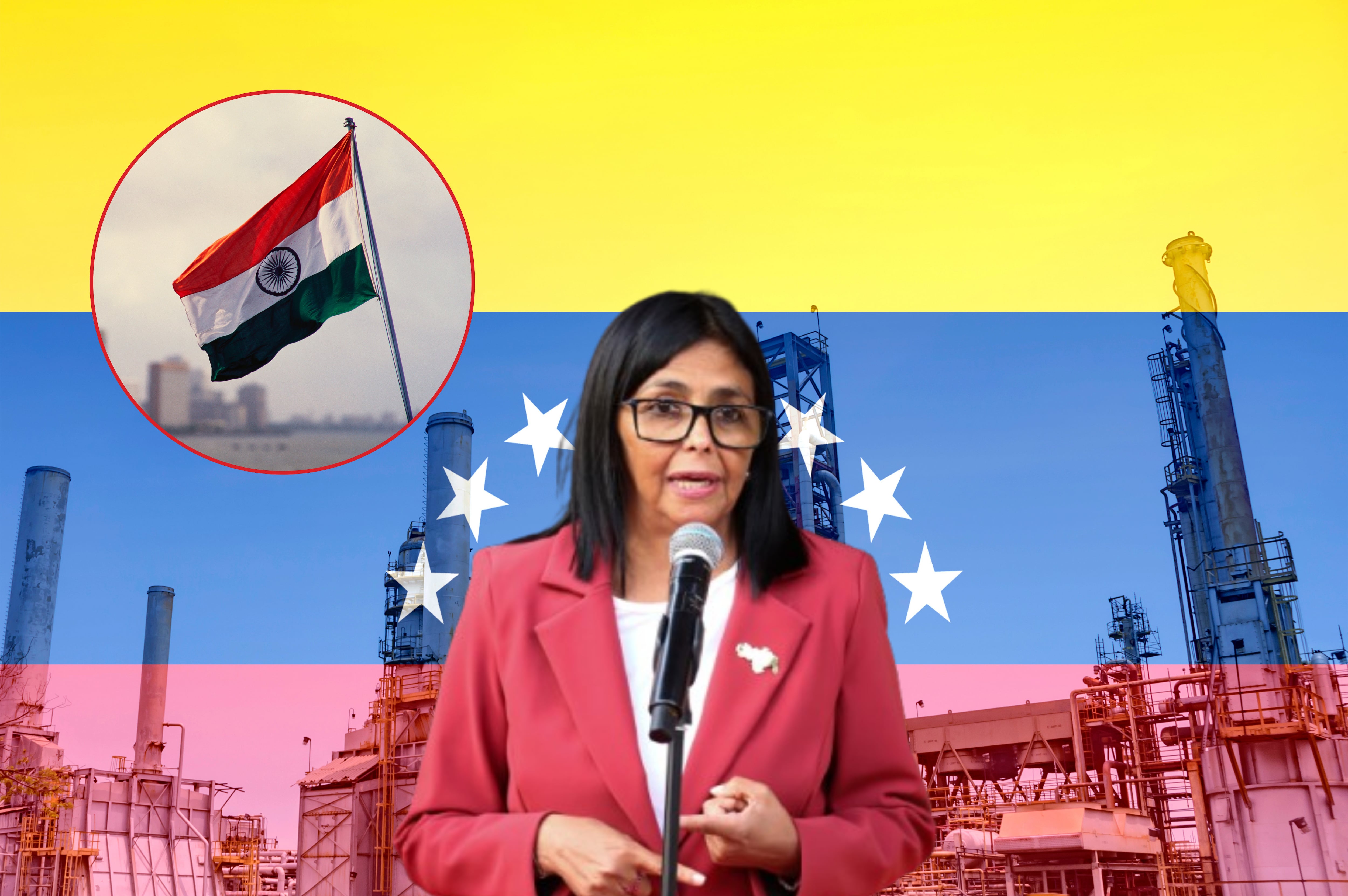 Imagen de referencia. Delcy Rodríguez - Petrolera venezolana con bandera del país - Bandera India: Getty Images.