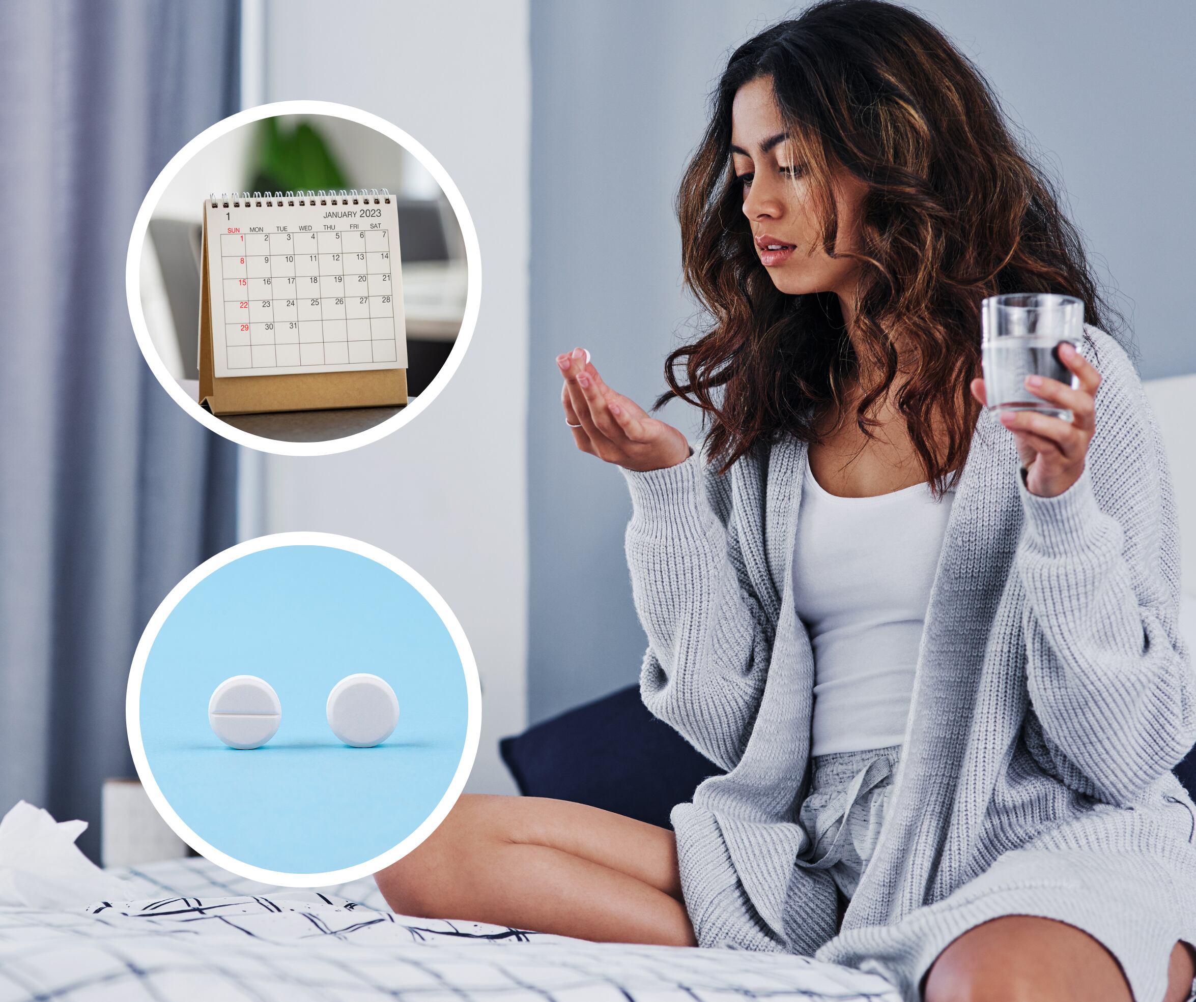 Mujer mirando una pastilla con un vaso de agua y a su lado un calendario y otras pastillas (Getty Images)