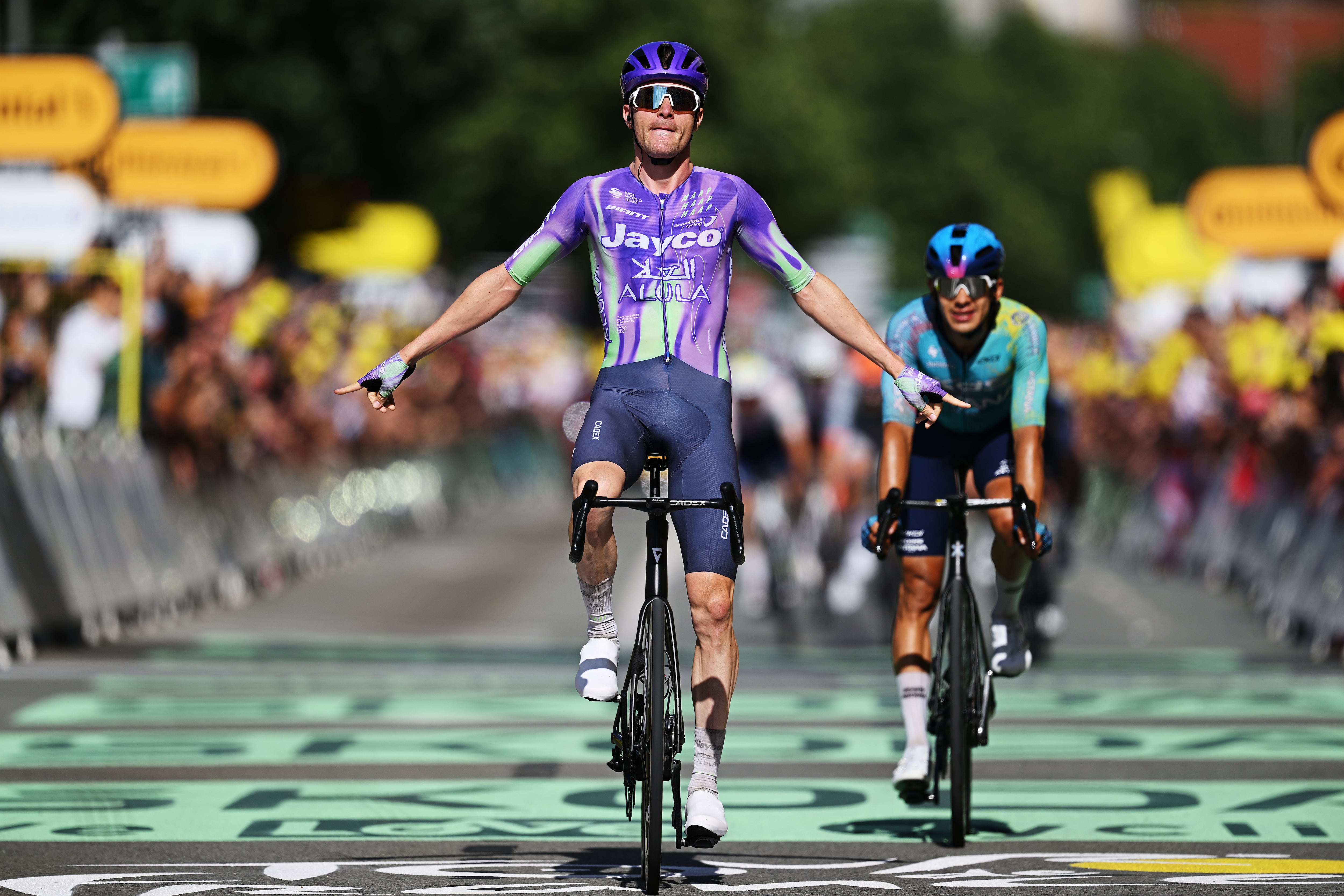 BELFORT, FRANCE - JULY 17: Mauro Schmid of Switzerland and Team Jayco AlUla celebrates at finish line as stage winner during the 113th Tour de France 2026, Stage 13 a 205.8km stage from Dole to Belfort / #UCIWT / on July 17, 2026 in Belfort, France. (Photo by Dario Belingheri/Getty Images)