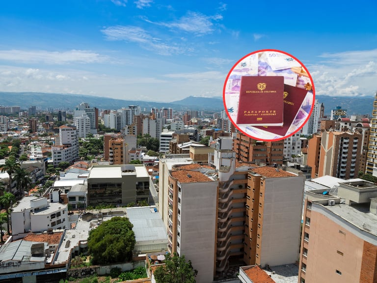 Imagen panorámica de la ciudad de Bucaramanga y al lado dos pasaportes colombianos (Fotos vía Getty Images)