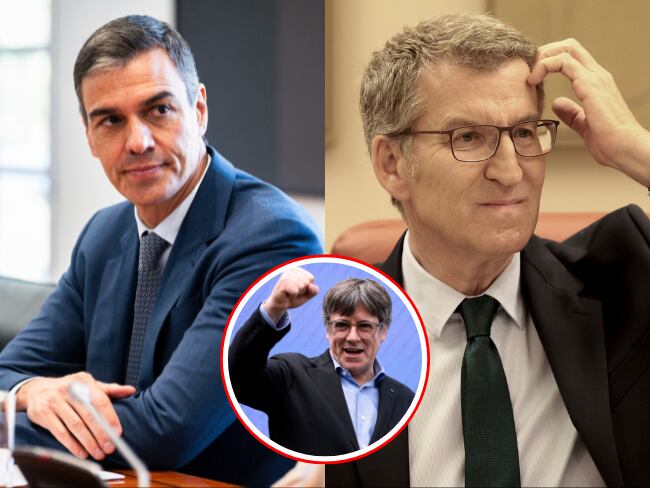 El presidente del gobierno español, Pedro Sánchez (i), el líder opositor español, Alberto Núñez Feijóo (d) y el líder de la causa independentista catalana, Carles Puigdemont (c). 
(foto:     Getty / Caracol Radio)