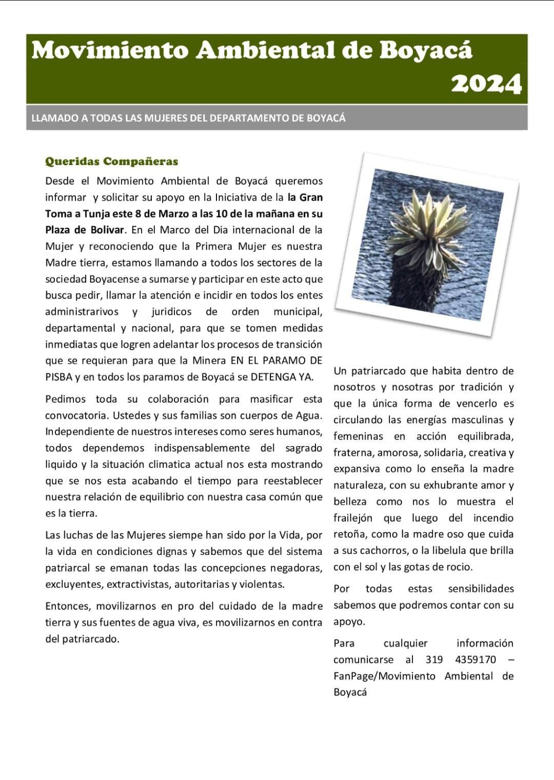 El Movimiento Ambiental de Boyacá convoca a una manifestación en día de la mujer en la plaza de Bolívar de Tunja