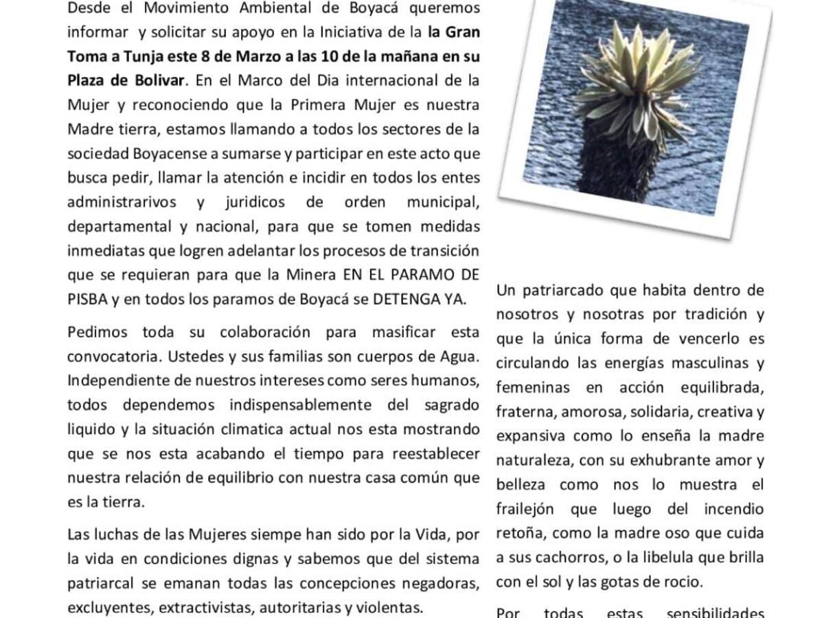 El Movimiento Ambiental de Boyacá convoca a una manifestación el día de la mujer