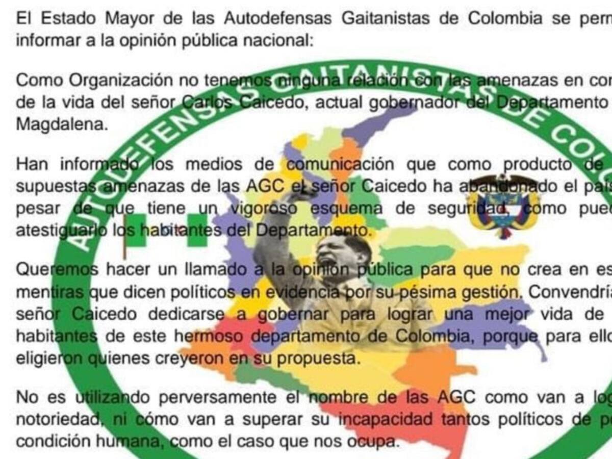Aparece supuesto panfleto de las AUG y niegan amenazas contra Caicedo