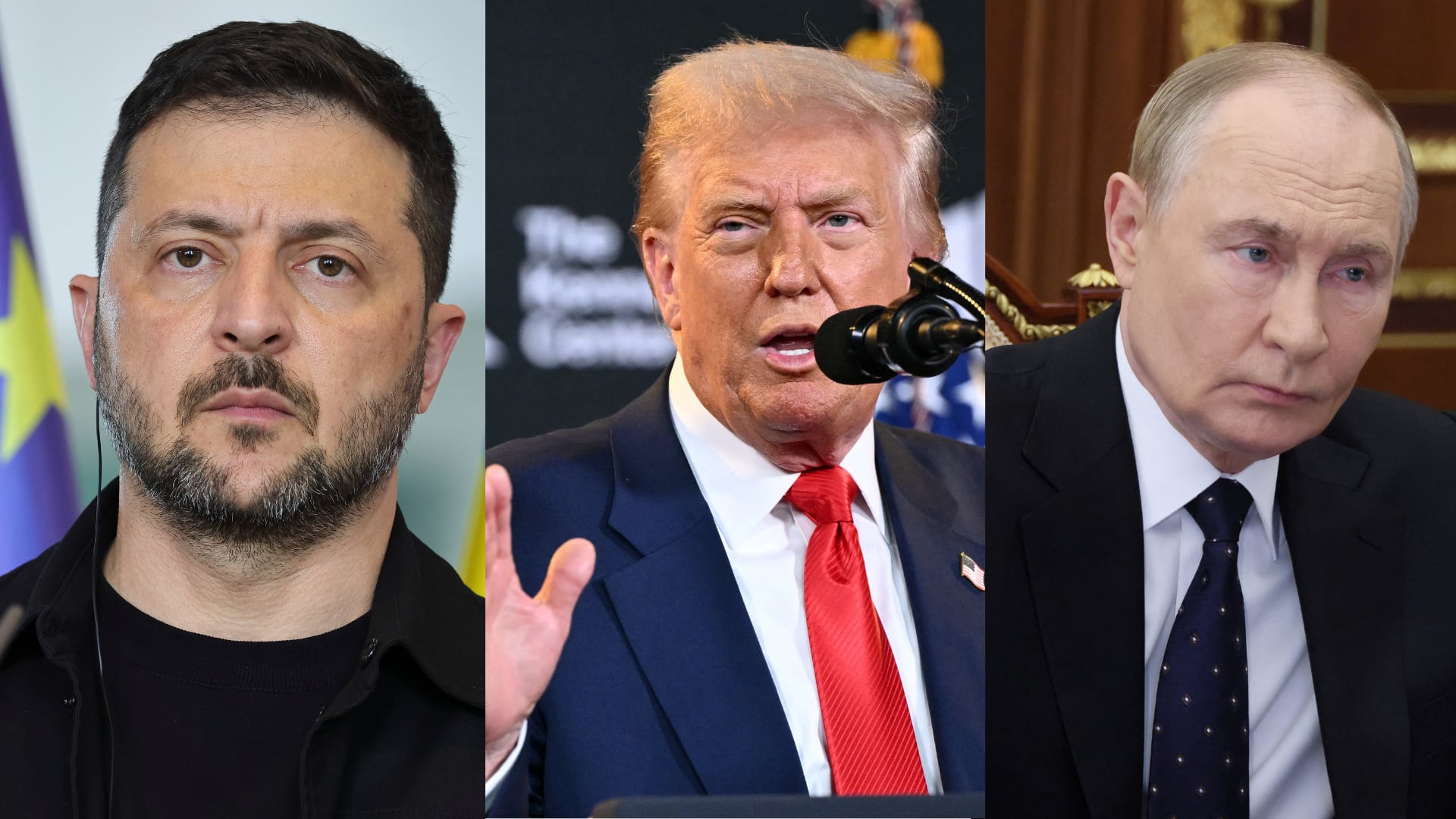 Volodimir Zelenski, presidente de Ucrania, Donald Trump, presidente de Estados Unidos, Vladimir Putin, presidente de Rusia. Foto:  Omer Messinger/Getty Images/MANDEL NGAN/AFP via Getty Images/VYACHESLAV PROKOFYEV/POOL/AFP via Getty Images