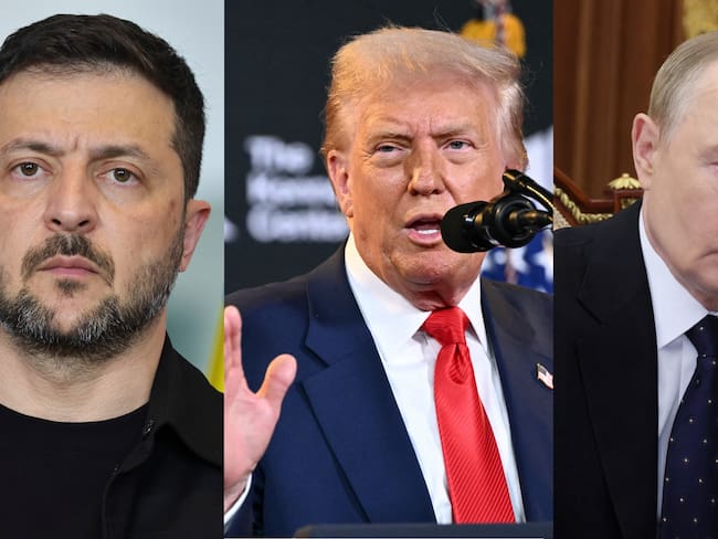 Volodimir Zelenski, presidente de Ucrania, Donald Trump, presidente de Estados Unidos, Vladimir Putin, presidente de Rusia. Foto: Omer Messinger/Getty Images/MANDEL NGAN/AFP via Getty Images/VYACHESLAV PROKOFYEV/POOL/AFP via Getty Images