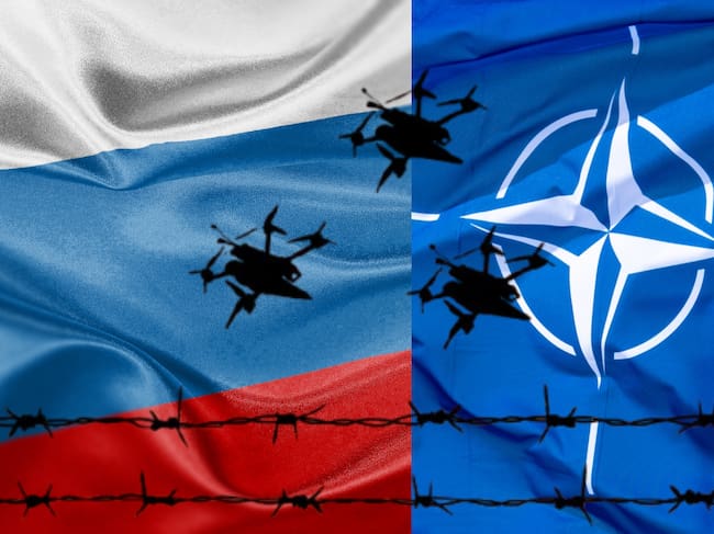 Banderas de Rusia y la OTAN, referencia de drones. Fotos: Getty Images