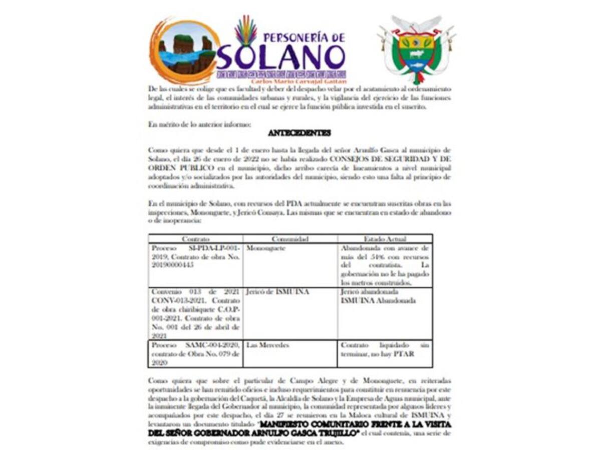 Personero de Solano denunció al gobernador del Caquetá