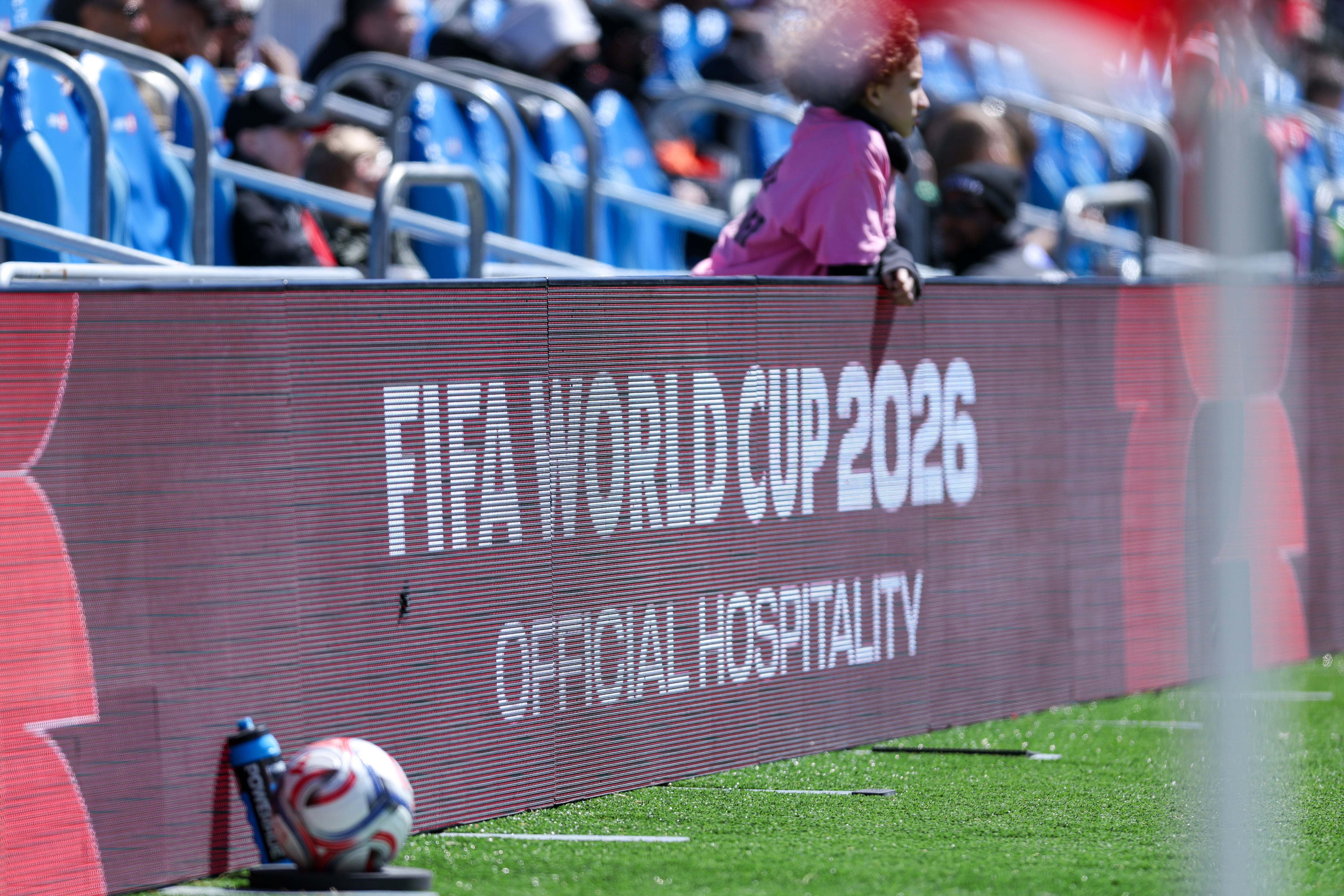 A 2026 FIFA World Cup advertisement is on display during a Major League Soccer game between Toronto FC and FC Cincinnati at BMO Field in Toronto, Ontario, Canada, on April 11, 2026. (Photo by Indrawan Kumala/NurPhoto via Getty Images)