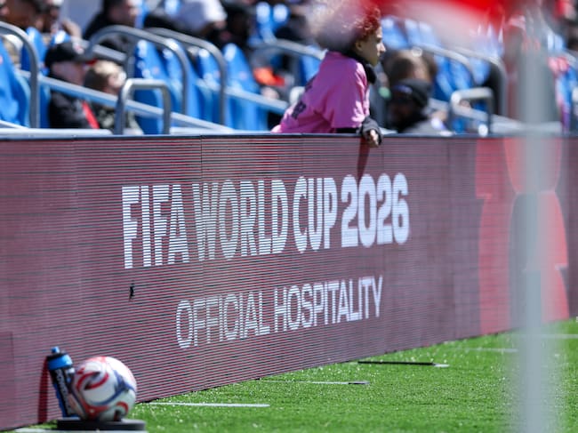 A 2026 FIFA World Cup advertisement is on display during a Major League Soccer game between Toronto FC and FC Cincinnati at BMO Field in Toronto, Ontario, Canada, on April 11, 2026. (Photo by Indrawan Kumala/NurPhoto via Getty Images)
