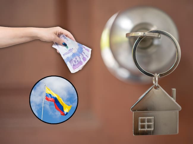 Persona entregando billetes de 50 mil colombianos, al lado una bandera de Colombi y de fondo una cerradura con las llaves de una vivienda (Fotos vía Getty Images)