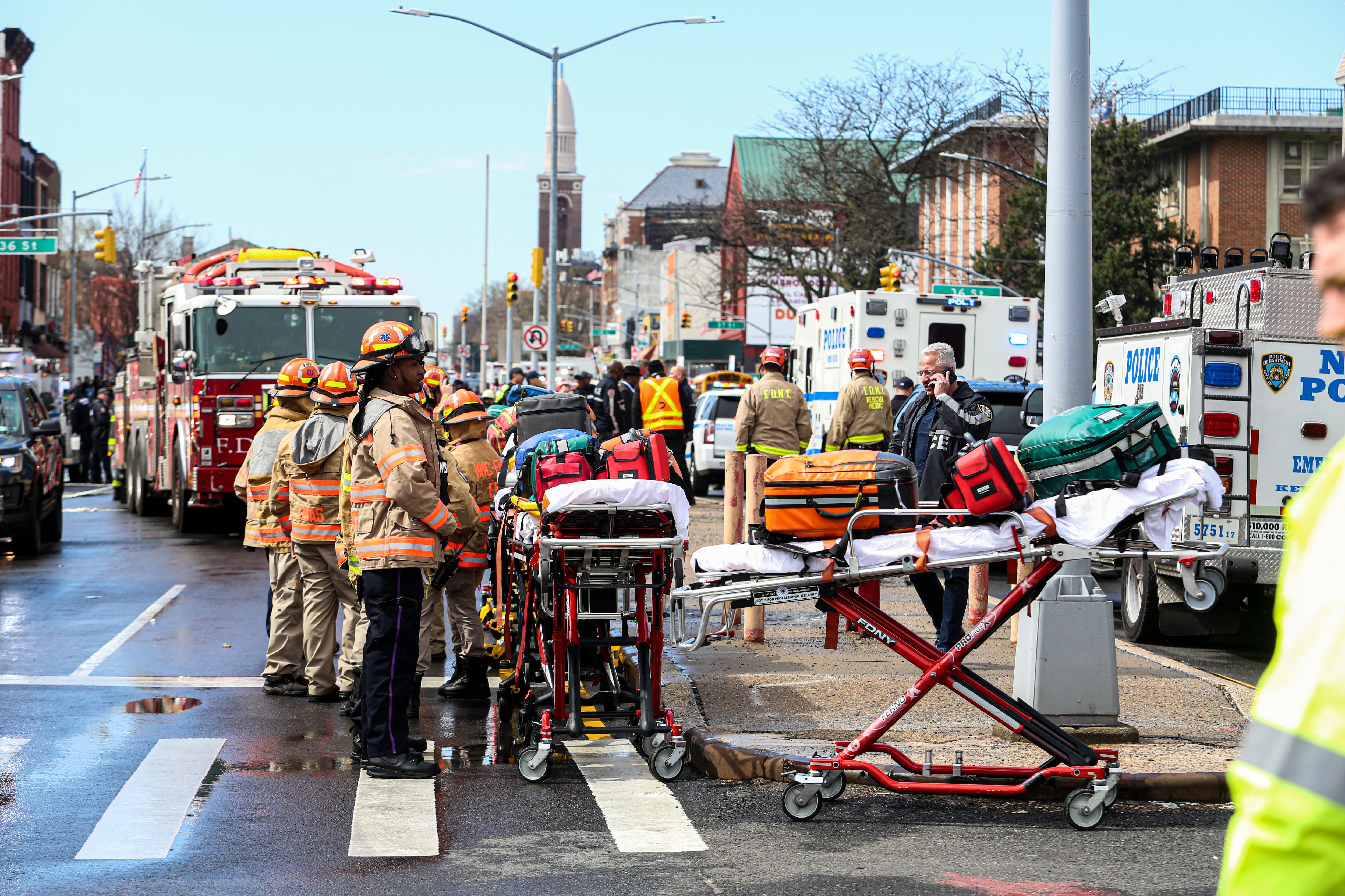 NEW YORK, NEW YORK - APRIL 12: Police and emergency services gather at the scene of a reported shooting of multiple people outside the 36th Street Subway Station on April 12, 2022 in the Sunset Park neighborhood of the borough of Brooklyn, New York City. At least 10 people were shot and several unexploded devices were discovered at the 36th Street and Fourth Avenue station in the Sunset Park neighborhood. (Photo by Pablo Monsalve/VIEWpress)