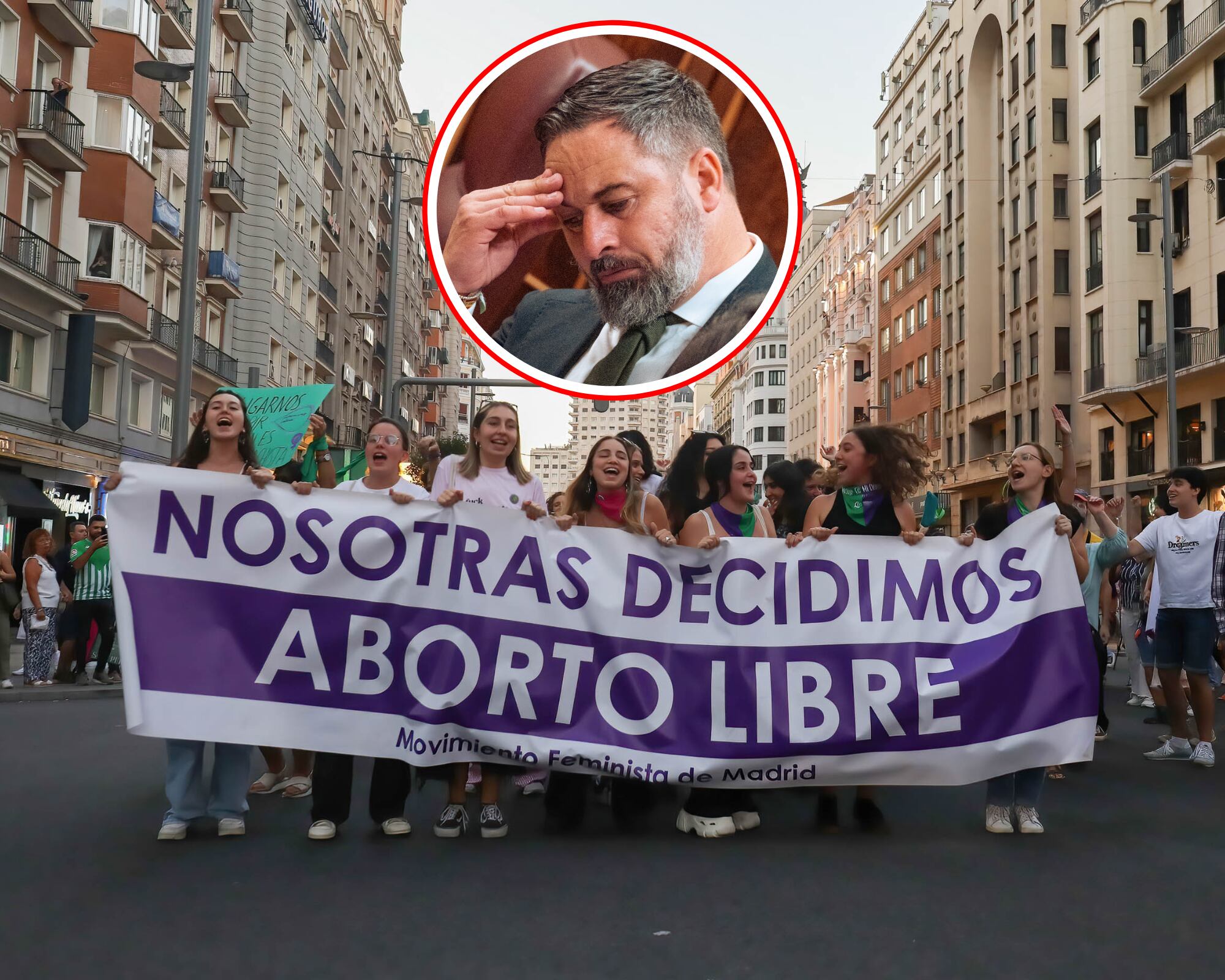 Manifestaciones en Madrid (España) a favor del aborto. En el círculo Santiago Abascal, líder del partido de ultraderecha Vox, quien promovía el rechazo al aborto para jóvenes. 
(Foto: Getty / Caracol Radio)