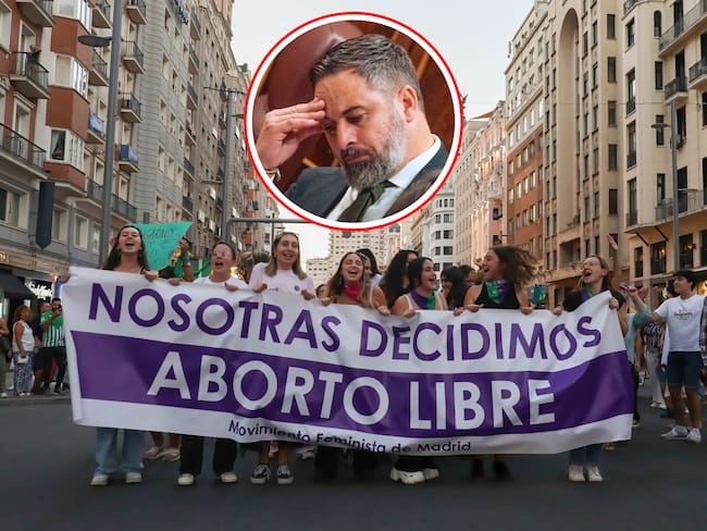 Manifestaciones en Madrid (España) a favor del aborto. En el círculo Santiago Abascal, líder del partido de ultraderecha Vox, quien promovía el rechazo al aborto para jóvenes. 
(Foto: Getty / Caracol Radio)