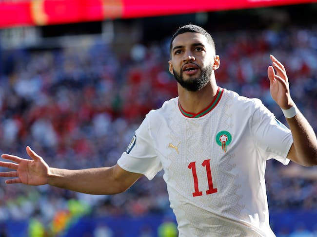 FOXBOROUGH, MA - JUNE 19: Ismael Saibari #11 of Morocco races off to celebrate his strike during a FIFA World Cup 2026 Group C match between Scotland and Morocco on June 19, 2026 at Boston Stadium in Foxborough, Massachusetts. (Photo by Fred Kfoury III/Icon Sportswire via Getty Images)