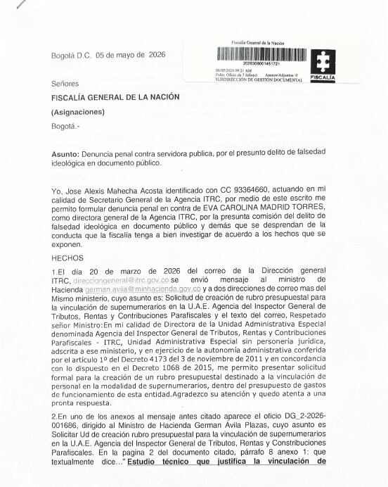 Denuncia contra Eva Carolina Madrid, directora de la ITRC