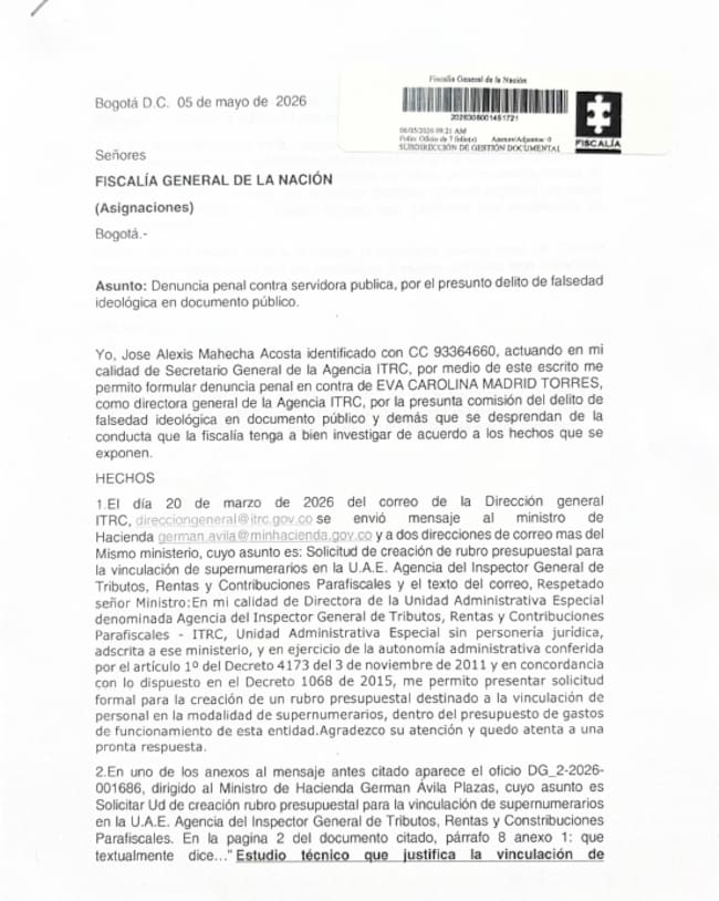 Denuncia contra Eva Carolina Madrid, directora de la ITRC