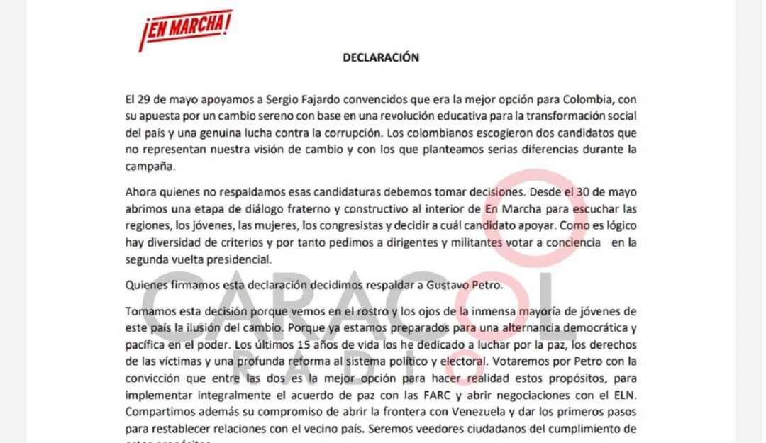 Movimiento "En Marcha" respalda decisión de Juan Fernando Cristo