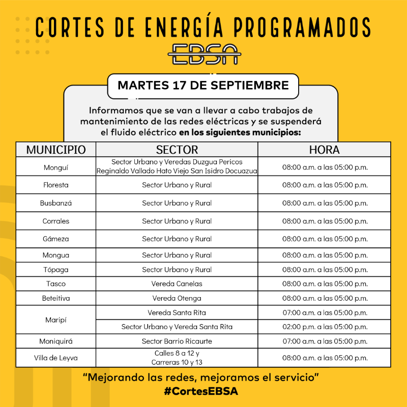 Doce municipios de Boyacá enfrentarán interrupciones en el servicio eléctrico debido a trabajos programados por la Empresa de Energía de Boyacá