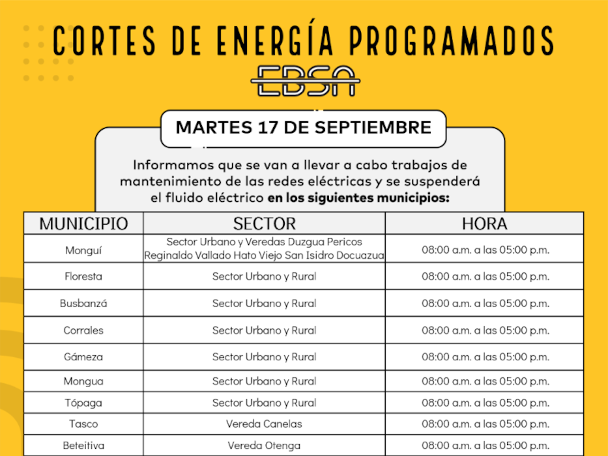 Cortes de energía programados en Boyacá este martes 17 de septiembre