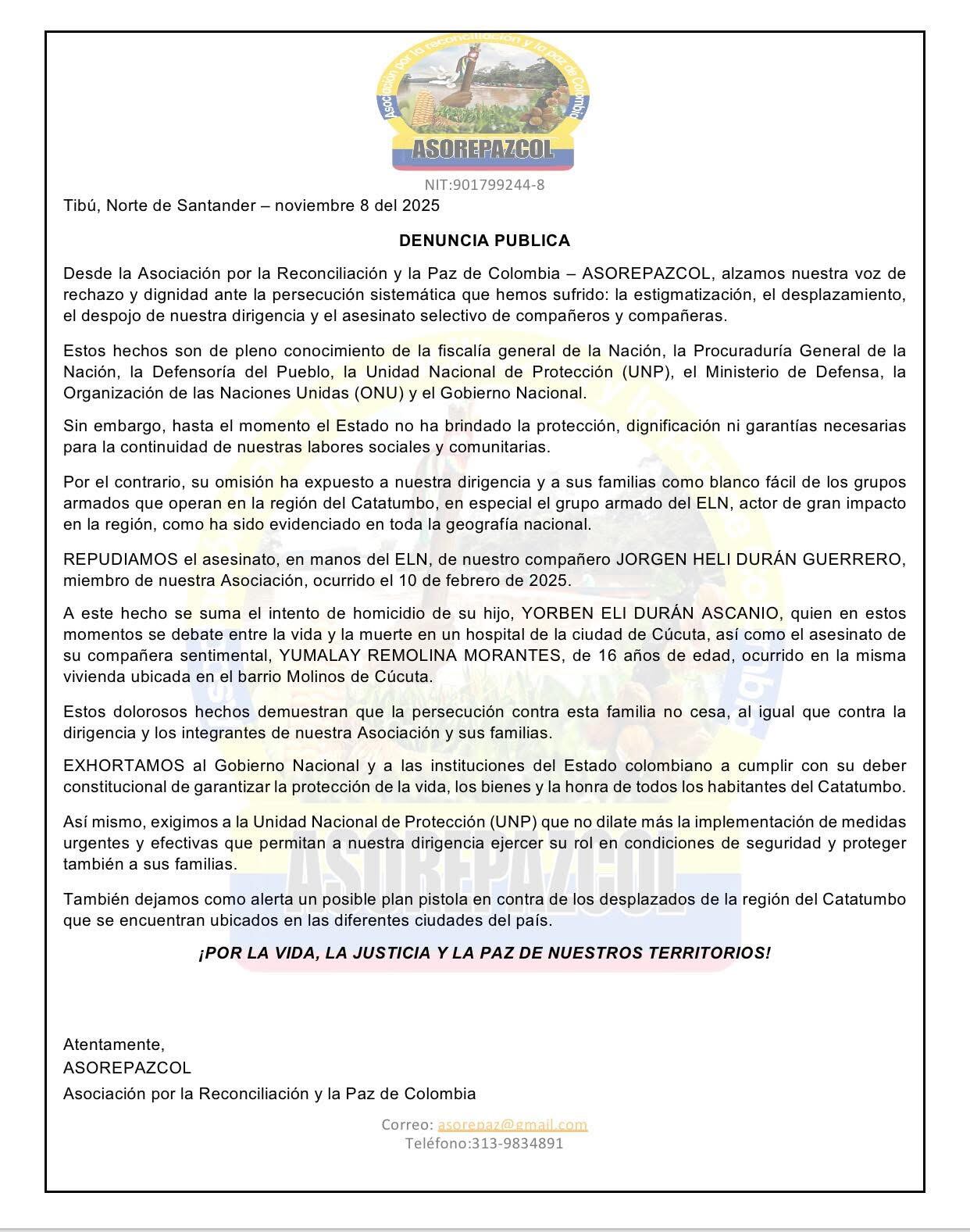 Asorepazcol advierte de plan pistola contra desplazados del Catatumbo. / Foto: Asorepazcol.