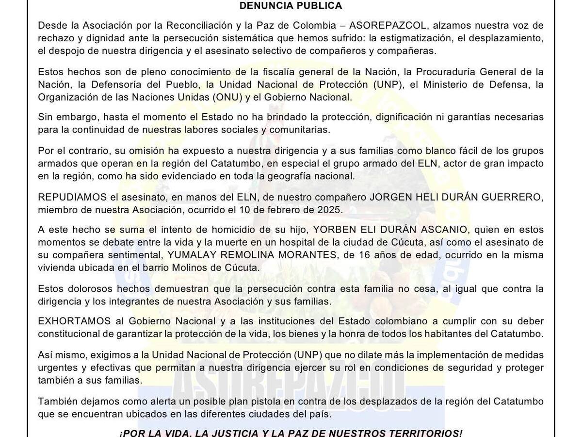 Asorepazcol denuncia persecución y advierte plan pistola contra desplazados del Catatumbo
