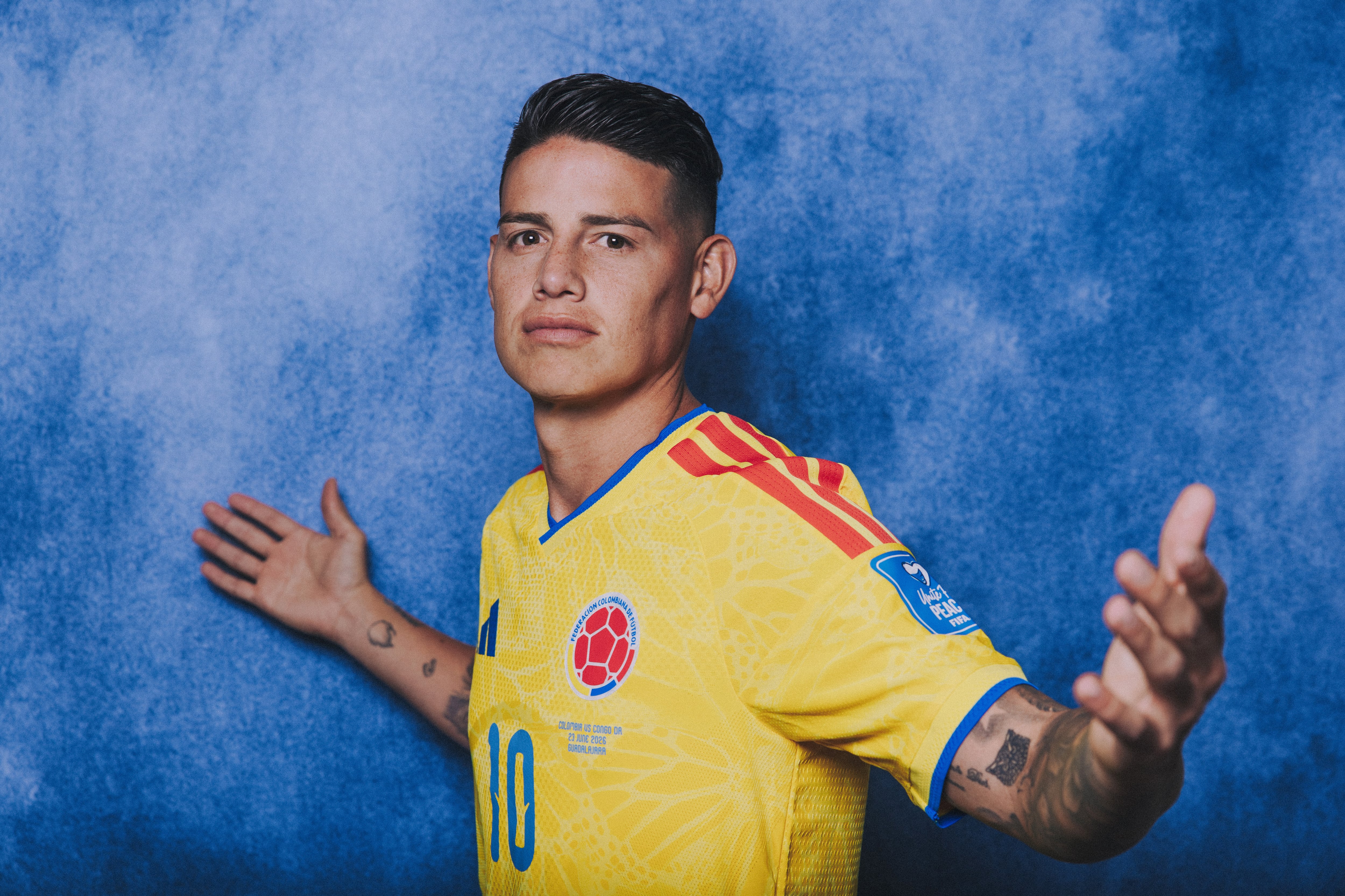GUADALAJARA, MEXICO - JUNE 13: (EXCLUSIVE COVERAGE) (EDITOR'S NOTE: This image has been digitally altered.) James Rodriguez #10 of Colombia poses for a portrait during the official FIFA World Cup 2026 portrait session on June 13, 2026 in Guadalajara, Mexico. (Photo by Hector Vivas - FIFA/FIFA via Getty Images)