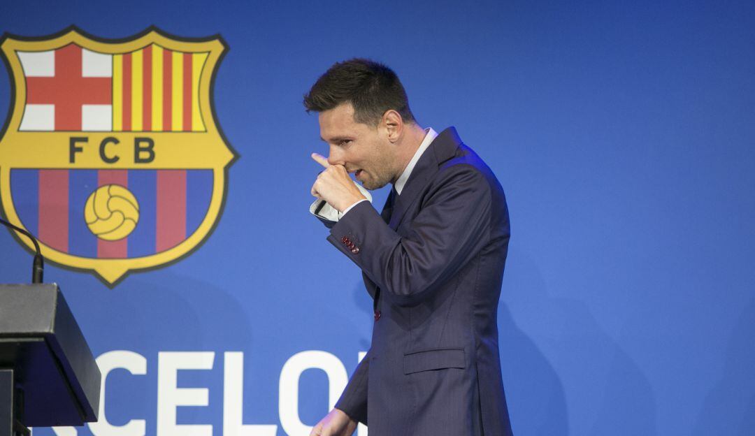 Lionel Messi en su despedida del Barcelona en 2021