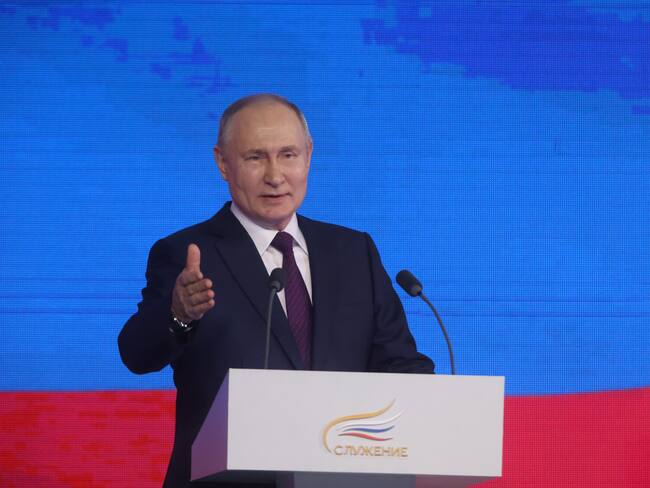 ODINTSOVO, RUSSIA - JANUARY 16: (RUSSIA OUT) Russian President Vladimir Putin gestures during the Municipal Service Award Ceremony on January 16 2024, in Odintsovo, west of Moscow, Russia. Putin visited an annual award ceremony for municipal workers, heads of municipalities, village elders and employers of territorial departments. (Photo by Contributor/Getty Images)