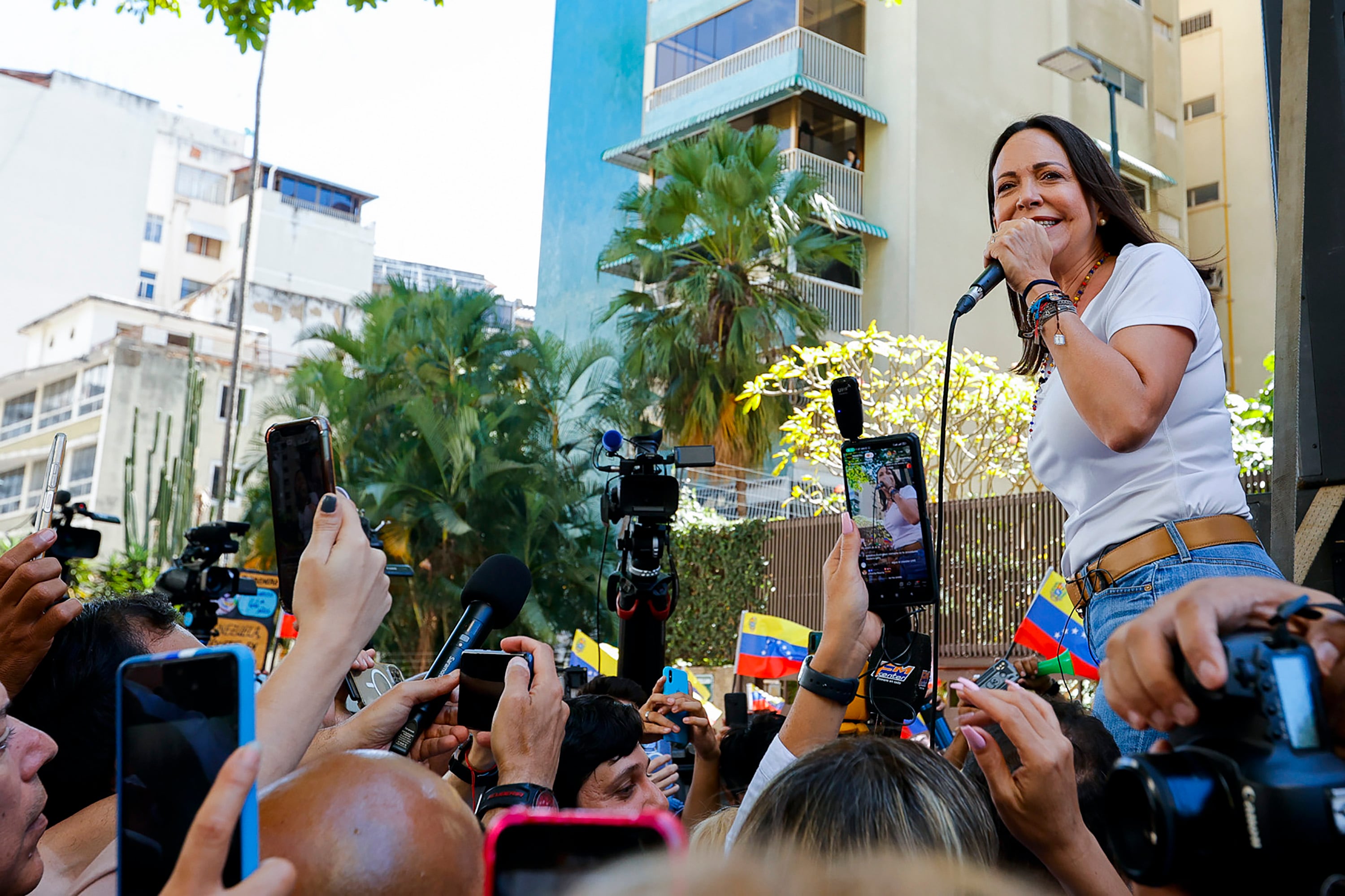 CARACAS, VENEZUELA - JANUARY 23: Presidential Candidate Maria Corina Machado of Vente Venezuela Party holds a rally at Plaza Francia de Altamira on January 23, 2024 in Caracas, Venezuela. Machado, currently barred from public office, holds a legal battle to participate in the next presidential elections. The officialism also called for a rally to show its muscle in the streets of Caracas. (Photo by Javier Campos/Getty Images)