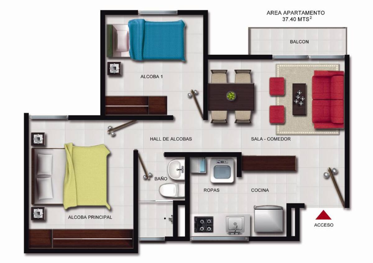 Vivienda de interés social que se construye sobre la futura Avenida 103 con carrera 4F, a tan solo cinco minutos de Homecenter, Almaneces Éxito y Makro. Conjunto Cerrado con porterÍa vigilada 24 horas, conformado por 6 torres de cinco pisos cada una y Apartamentos todos esquineros  de 2 y 3 alcobas desde 39,08 M2 hasta 47,64 M2 espacios iluminados y ventilados naturalmente.
