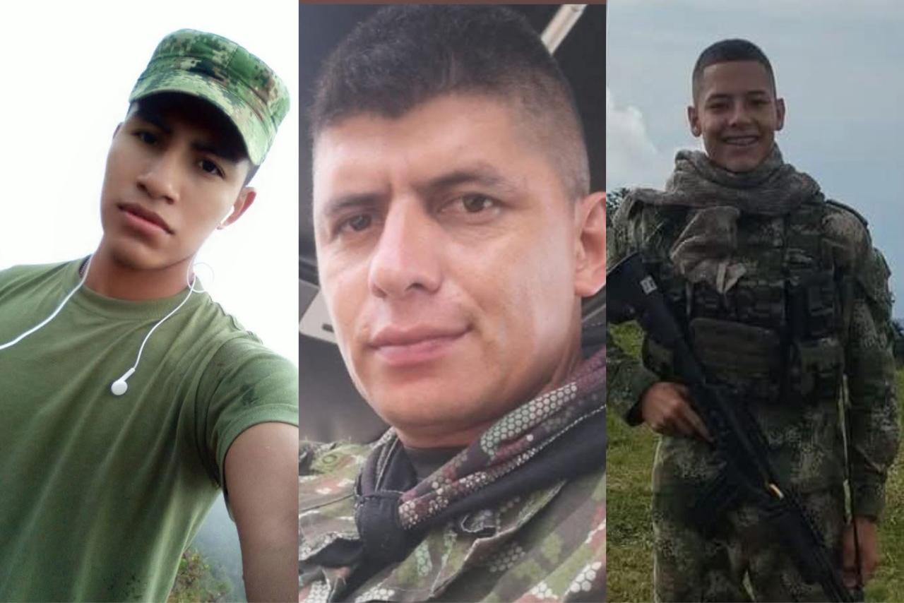 Cabo tercero Yeferson Fabián Octavo Yaima, y los soldados profesionales Carlos Andrés Giraldo Beltrán y Marco Tulio Martínez Varón. 