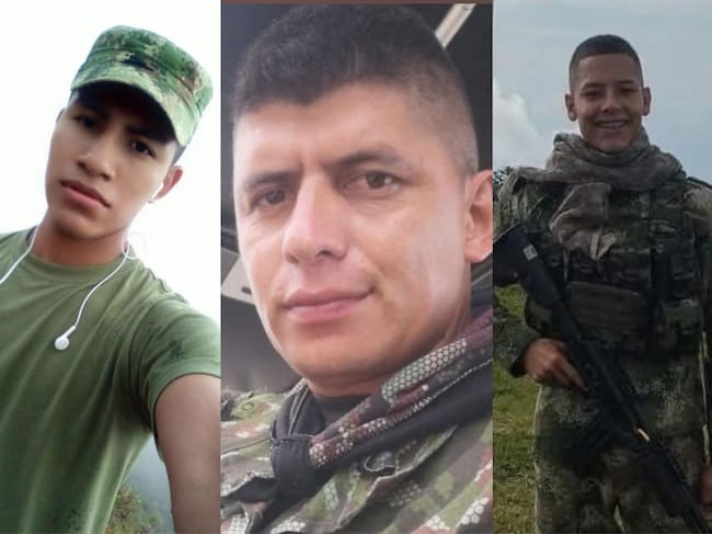 Cabo tercero Yeferson Fabián Octavo Yaima, y los soldados profesionales Carlos Andrés Giraldo Beltrán y Marco Tulio Martínez Varón.