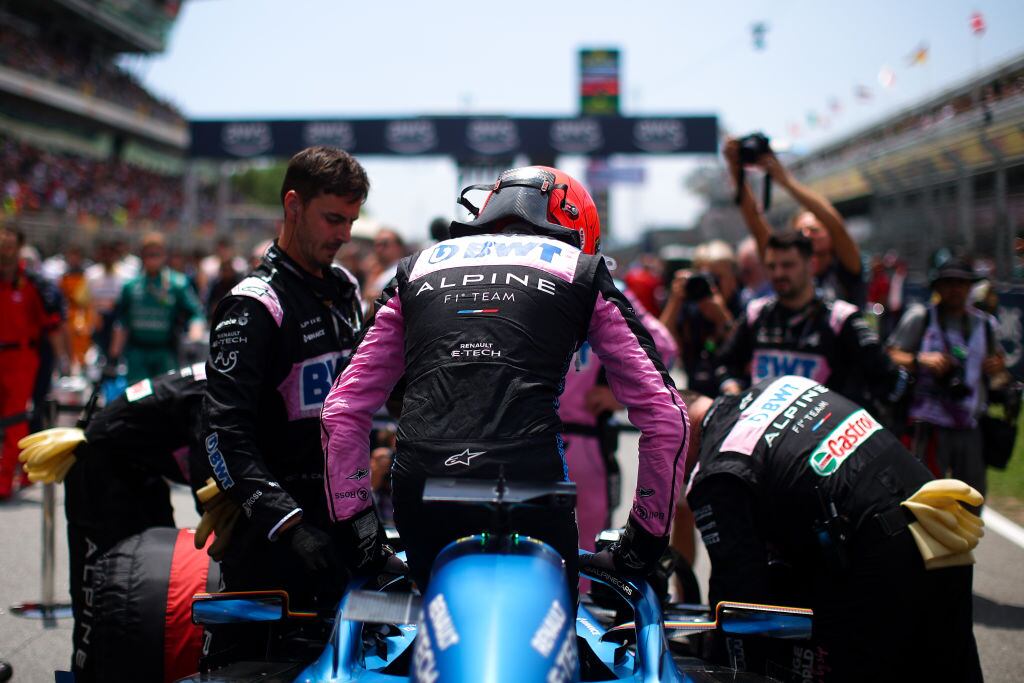BARCELONA, SPAIN - JUNE 04: Esteban Ocon of France and Alpine leaves the car before the F1 Grand Prix of Spain at Circuit de Barcelona-Catalunya on June 04, 2023 in Barcelona, Spain. (Photo by Eric Alonso/Getty Images)