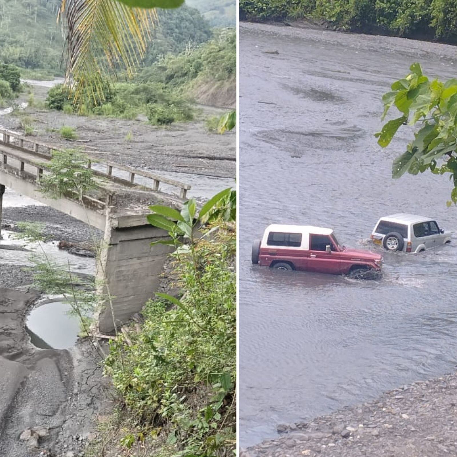 A la izquierda, el puente que sufrió daños en la estructura en el 2022 y es intransitable. A la derecha, las camionetas se arriesgan a pasar directamente por el afluente. Fotos | Veeduría Por un Muzo honesto y transparente