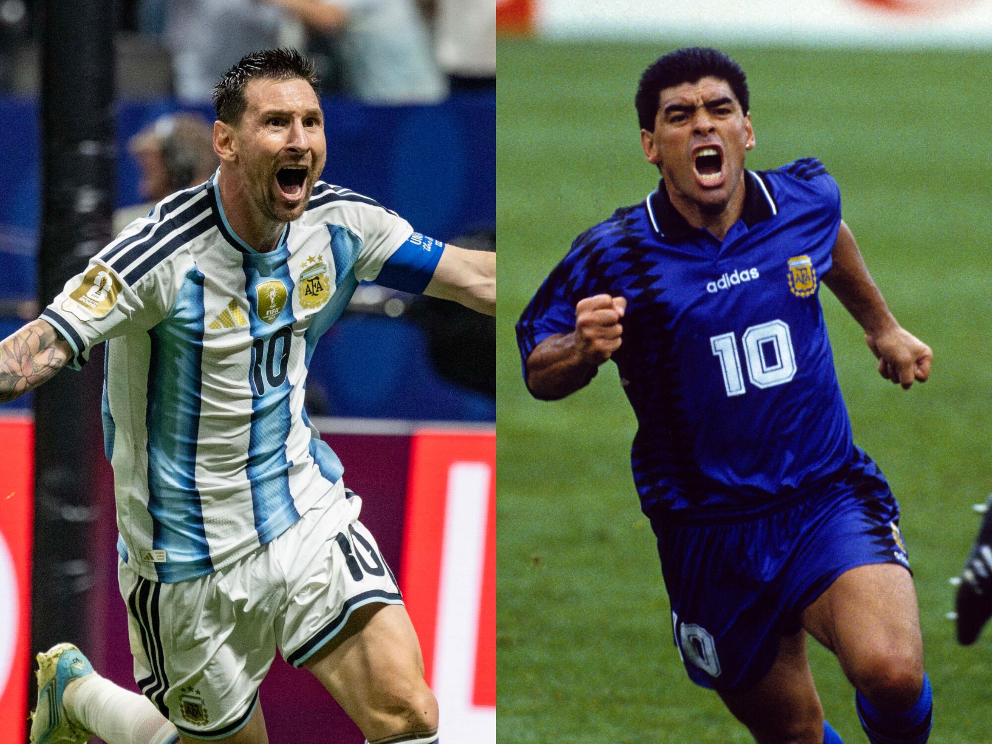 Lionel Messi y Diego Armando Maradona, ambos jugando para la Selección Argentina en 2026 y 1994, respectivamente, en los Mundiales de Estados Unidos, México y Canadá 2026, y Estados Unidos 1994. Fotos: Getty Images.