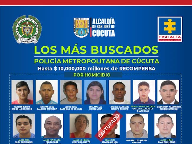 Cartel de los más buscados por la Policía Metropolitana de Cúcuta