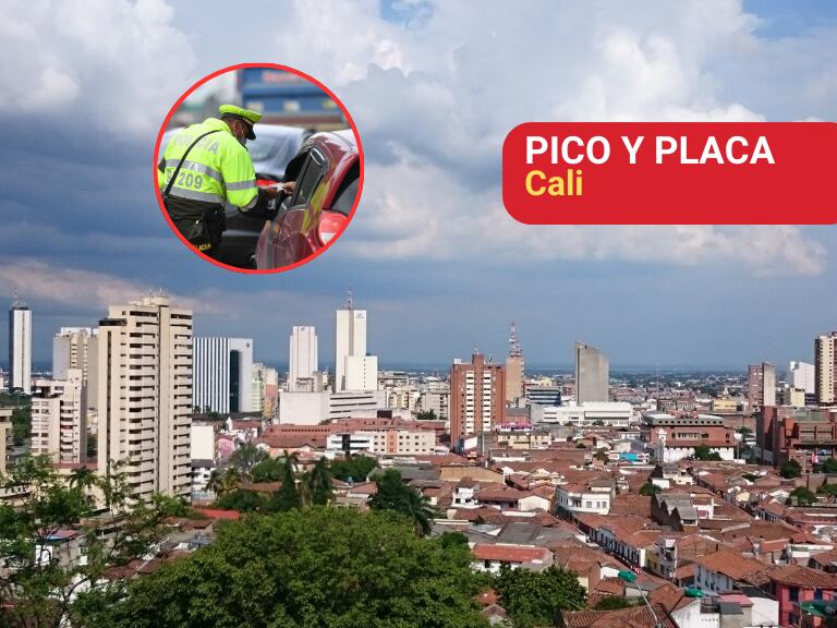 Vista panorámica de Cali y al lado una autoridad de tránsito de Colombia haciendo un control de movilidad (Fotos vía Getty Images y COLPRENSA)